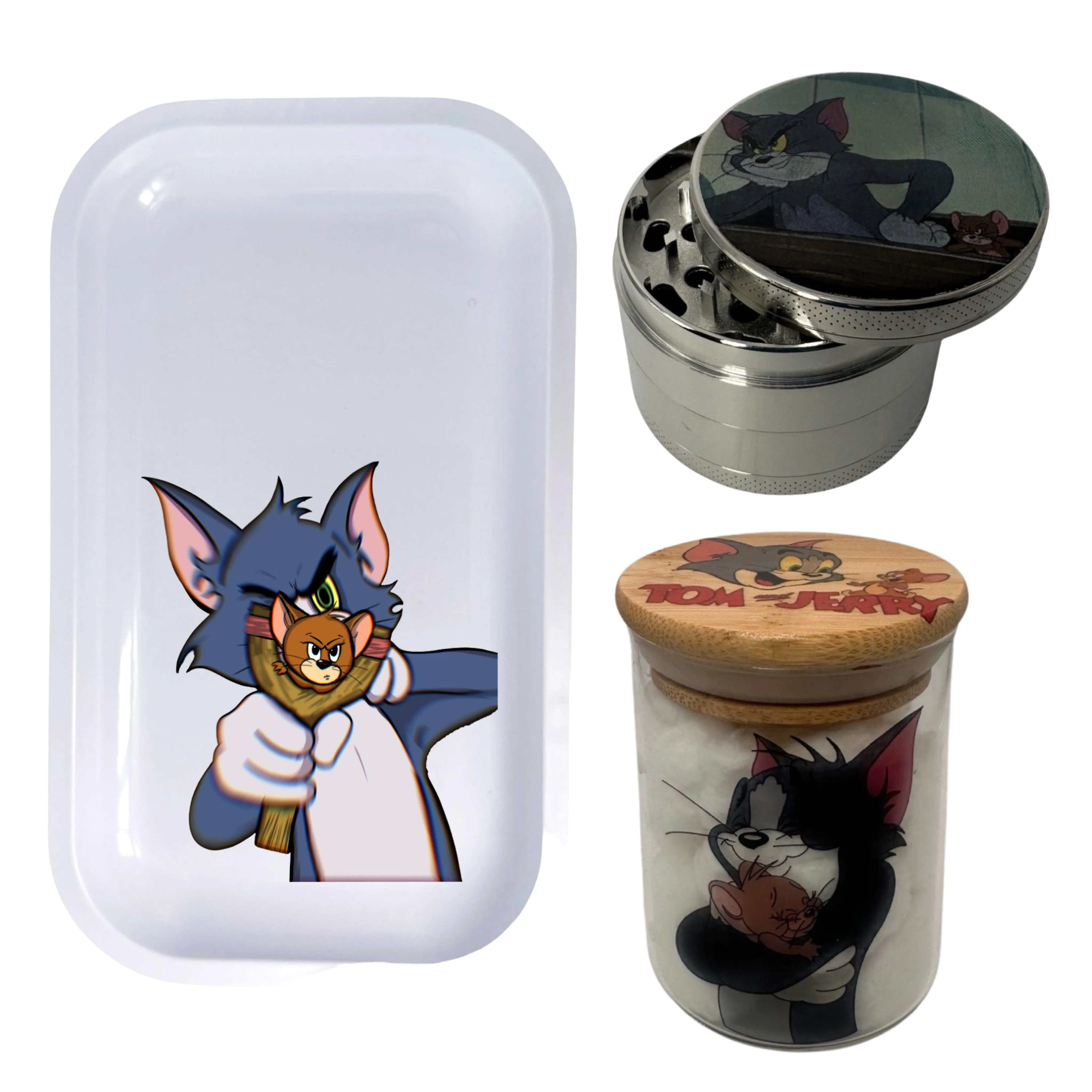 Tom and Jerry Cartoon Spice Grinder, Stash Jar, Rolling Tray Set