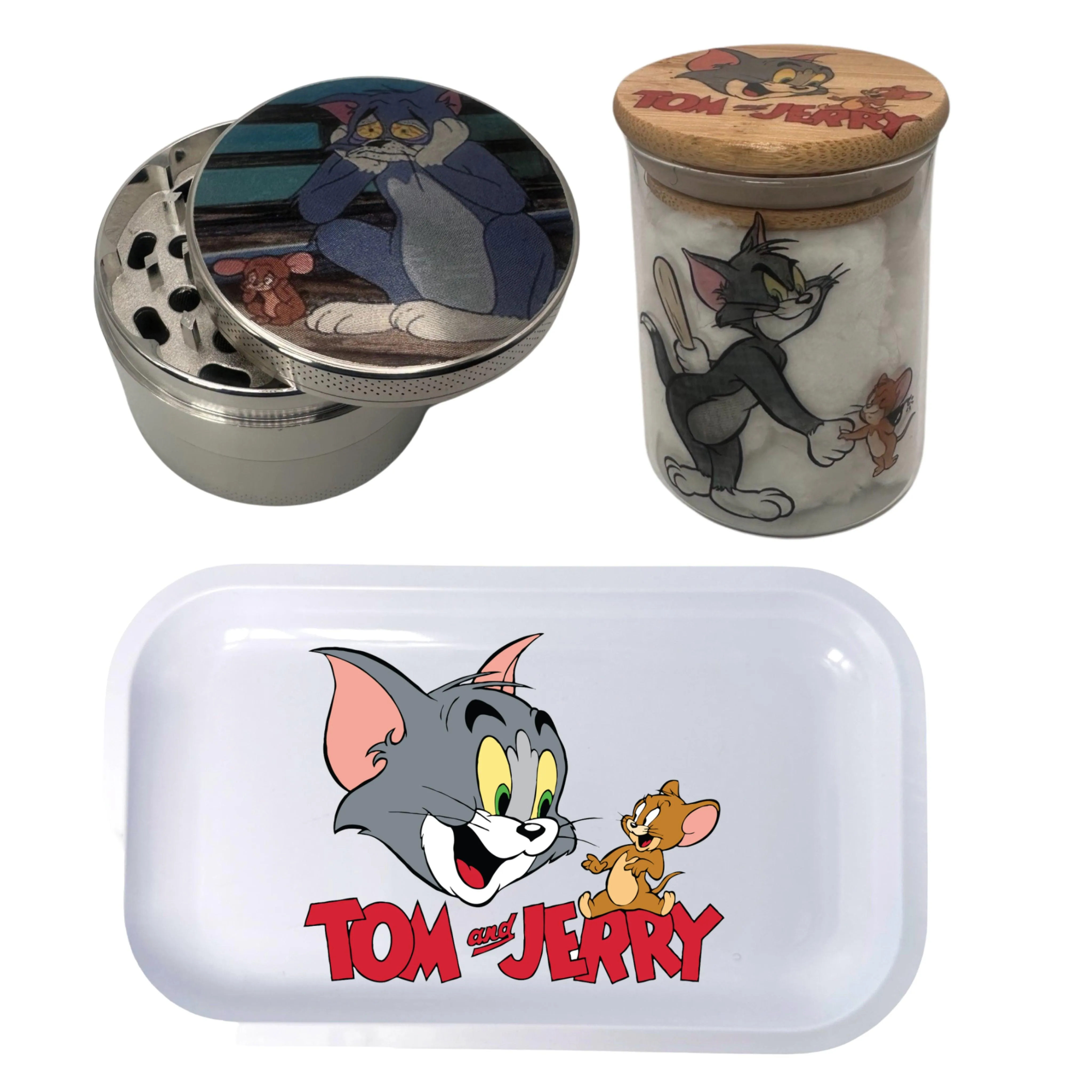 Tom and Jerry Cartoon Spice Grinder, Stash Jar, Rolling Tray Set