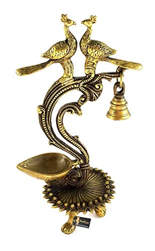 Two Moustaches Brass Ethnic Carved Twin Peacock Design Over Diya (Yellow_5.5 Inch X 4 Inch X 12 Inch)