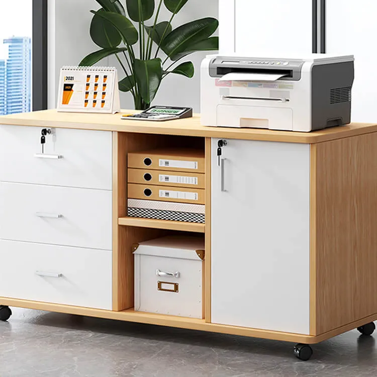 Wooden Office File Cabinet with Lock, Mobile Storage Cabinet