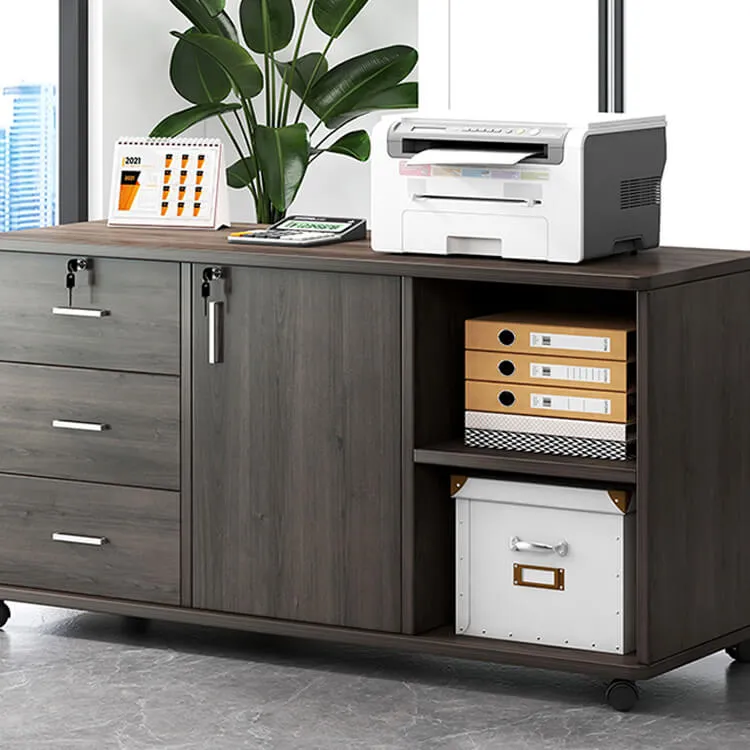 Wooden Office File Cabinet with Lock, Mobile Storage Cabinet