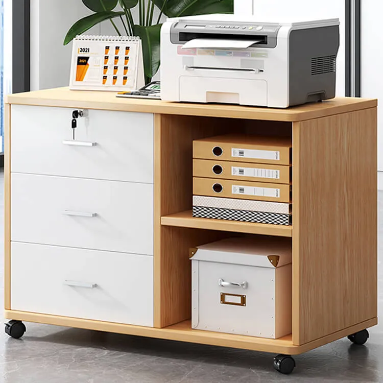 Wooden Office File Cabinet with Lock, Mobile Storage Cabinet