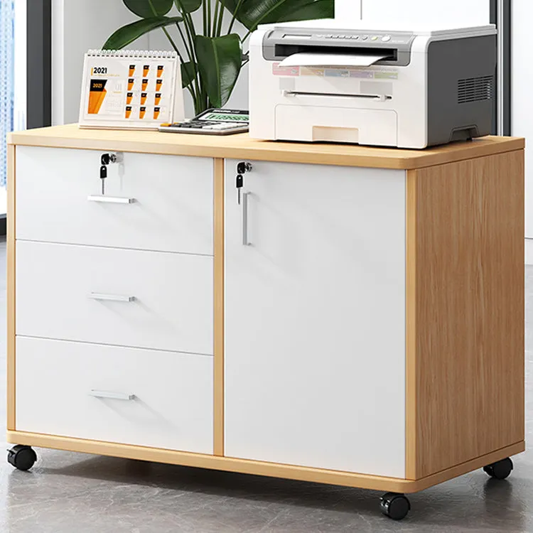 Wooden Office File Cabinet with Lock, Mobile Storage Cabinet