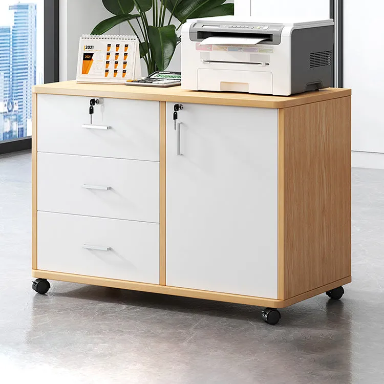 Wooden Office File Cabinet with Lock, Mobile Storage Cabinet