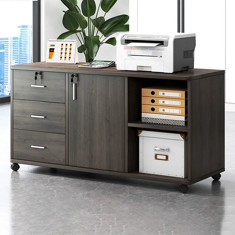 Wooden Office File Cabinet with Lock, Mobile Storage Cabinet