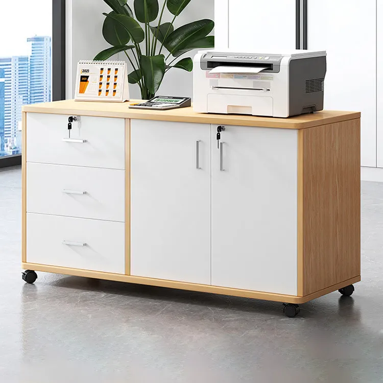 Wooden Office File Cabinet with Lock, Mobile Storage Cabinet