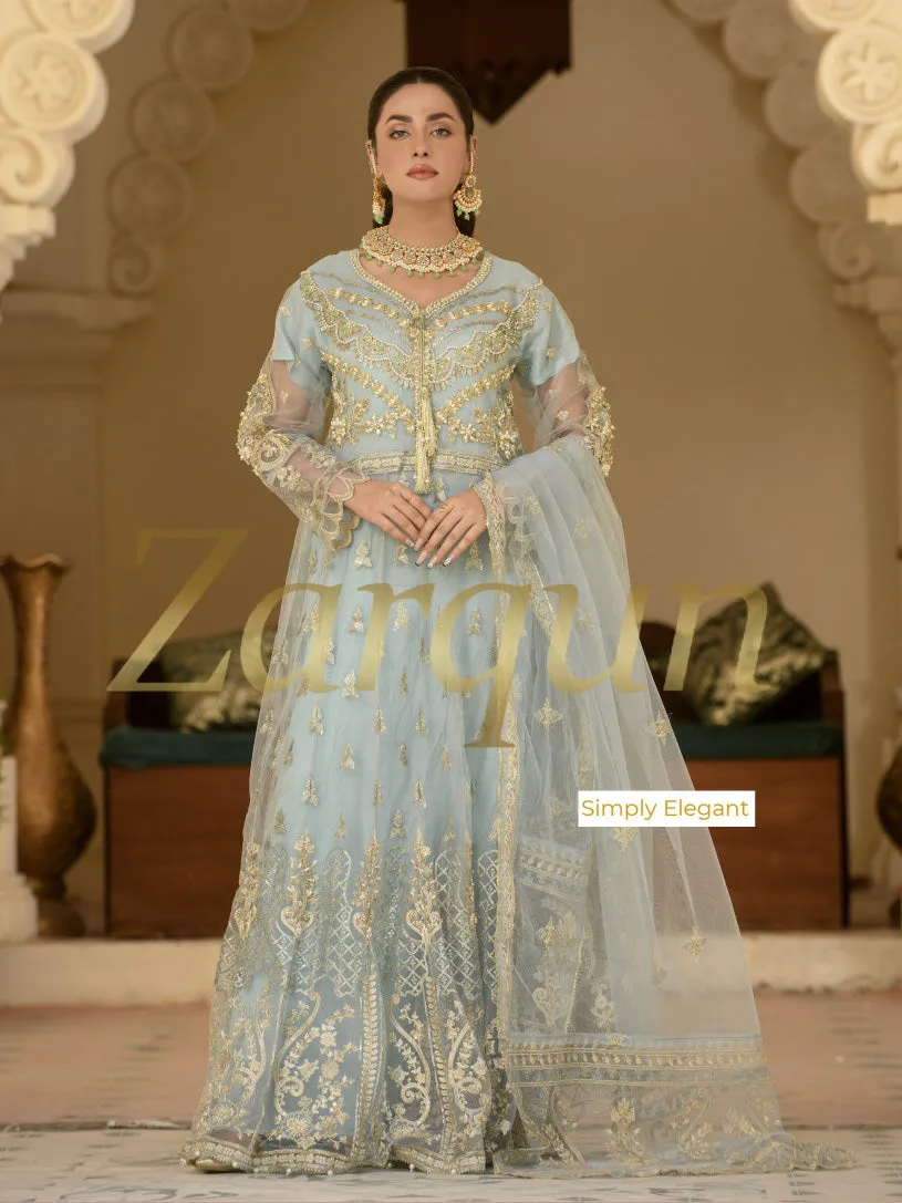 Zarqun Ice Blue Fancy Embroidered Net 3-Piece Maxi Suit